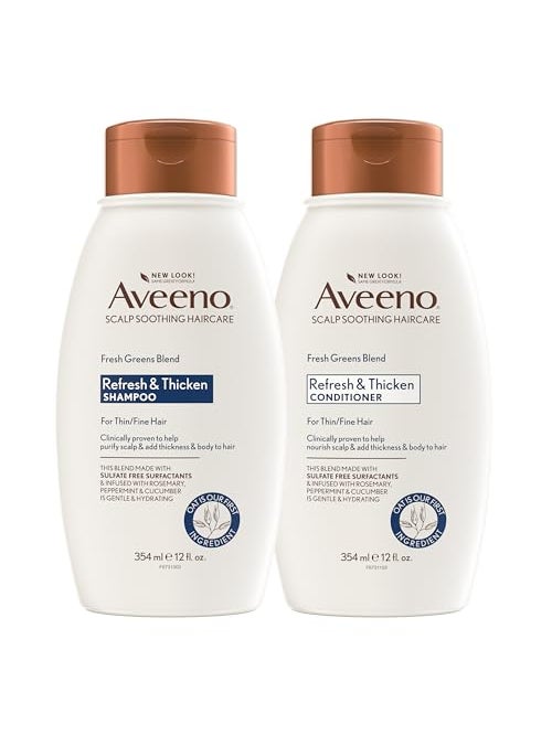 Aveeno Fresh Greens Shampoo + Conditioner with Rosemary, Peppermint & Cucumber to Thicken & Nourish, Clarifying & Volumizing Shampoo for Thin or Fine Hair, Paraben-Free, 12 Fl Oz, 2 Count (Pack of 1)