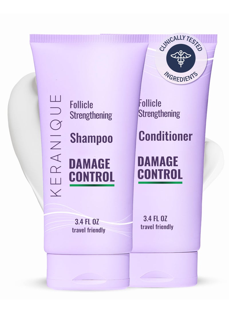 Keranique Shampoo and Conditioner for Damaged Hair - Anti-Breakage, Damage Control Set for Thinning Hair - Intense Repair, Deep Conditioning, Anti-Hairfall Routine w/Keratin - Great for Colored Hair