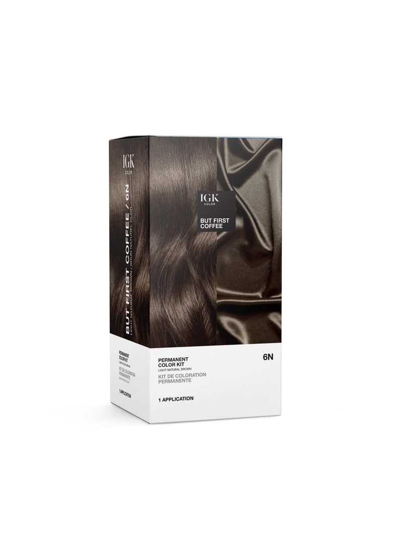 IGK Permanent Hair Color Kit | 6N But First Coffee - Light Natural Brown | 100% Gray Color Coverage + Strengthen + Shine | Ammonia Free