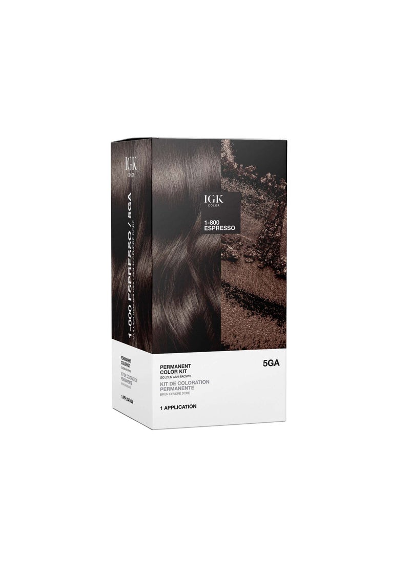 IGK Permanent Hair Color Kit | 5GA 1-800 Espresso - Golden Ash Brown | 100% Gray Color Coverage + Strengthen + Shine | Ammonia Free