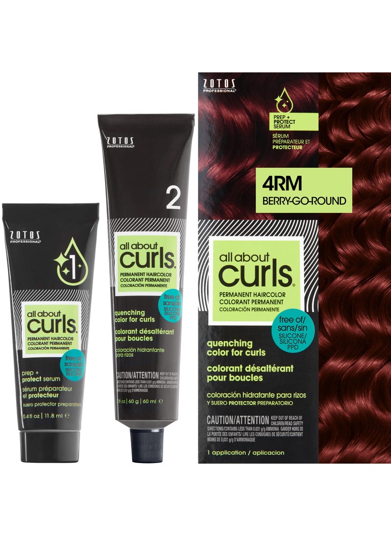 All About Curls 4RM Berry-Go-Round Permanent Hair Color (Prep + Protect Serum & Hair Dye for Curly Hair) - 100% Grey Coverage, Nourished & Radiant Curls
