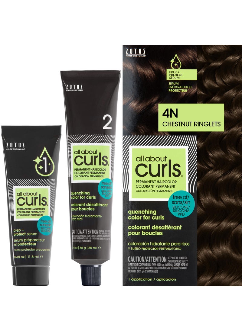 All About Curls 4N Chestnut Ringlets Permanent Hair Color (Prep + Protect Serum & Hair Dye for Curly Hair) - 100% Grey Coverage, Nourished & Radiant Curls