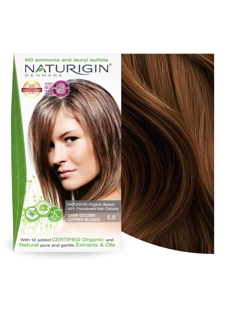 Naturigin Permanent Hair Dye, 6.0 Dark Golden Copper Blonde, Ammonia and Paraben Free, up to 100% Gray Hair Coverage, Long Lasting, Vegan, Cruelty Free