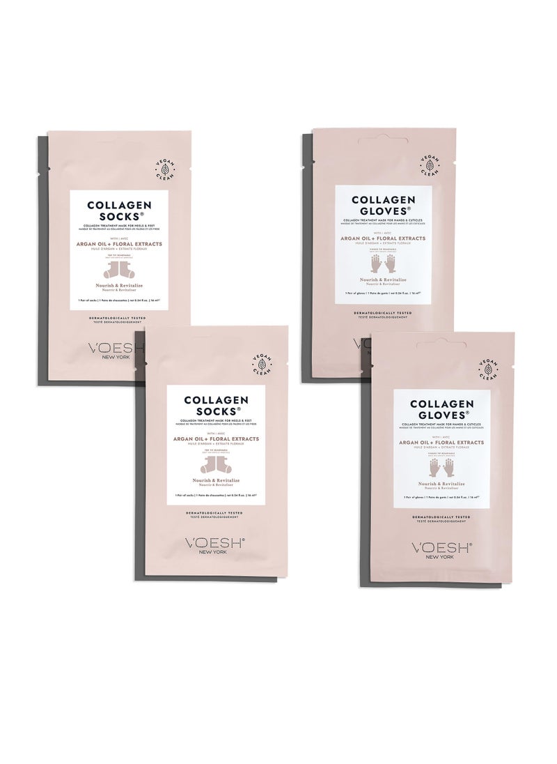 Voesh Collagen Gloves and Socks- Argan Oil, Collagen Infused, 4 Pack, 2 Pack of Gloves, 2 Pack of Socks, at Home Spa, Body Care, Nourishing, Hydrating Gloves and Socks