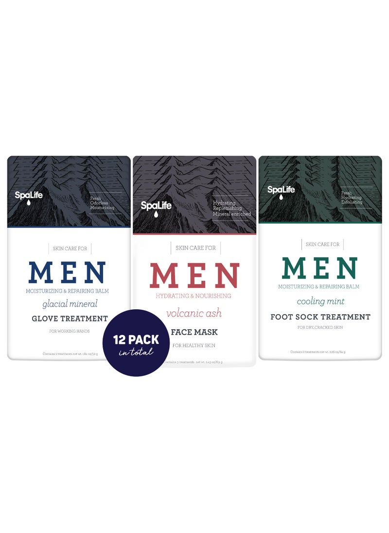 SpaLife Men's 12-Piece Spa Set: Repairing Hand Gloves for Dry Hands, Cooling Mint Foot Socks for Cracked Heels, and Moisturizing Face Mask Ultimate Men Grooming and Relaxation Gift Kit