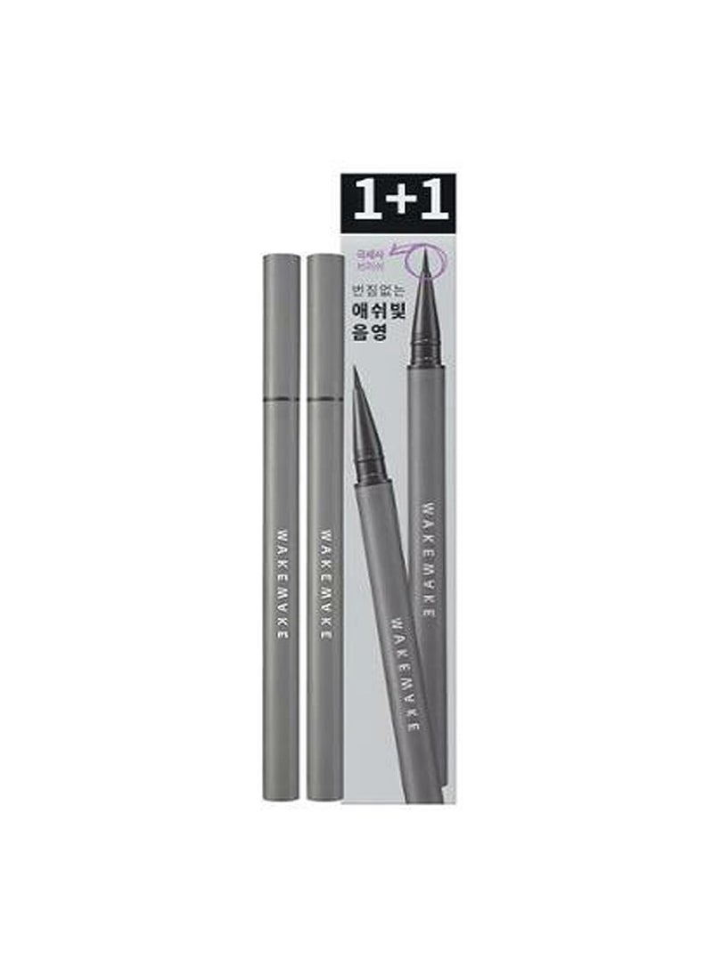 WAKEMAKE Real Ash Brush Eyeliner, Korean Makeup Liquid Eyeliner, Smudge-proof, Ultra-Fine Tip, Long Lasting Waterproof Liquid Eyeliner 0.04 OZ (Pack of 2) (01 ASH BLACK)