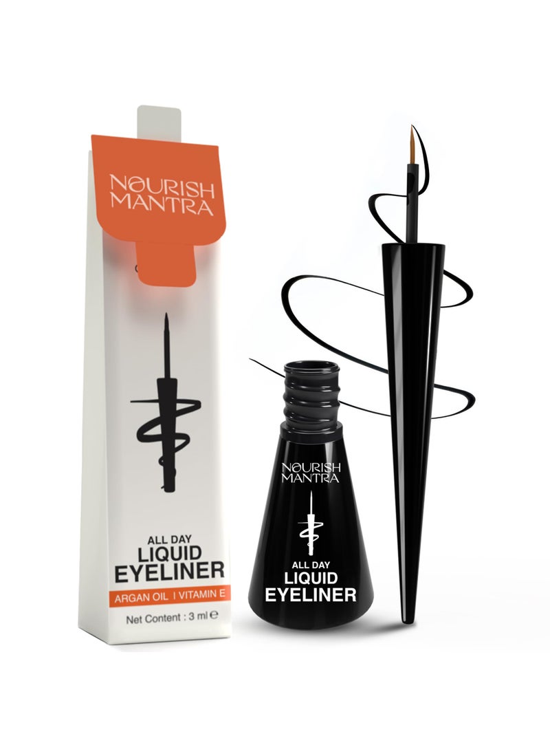 Nourish Mantra's All-Day Liquid Eyeliner 3ml | Formulated with Argan Oil, Vitamin E & Glycerine | Intense Pigmentation | Smudge Proof | Waterproof | Long Lasting | Matte Finish | Black Color