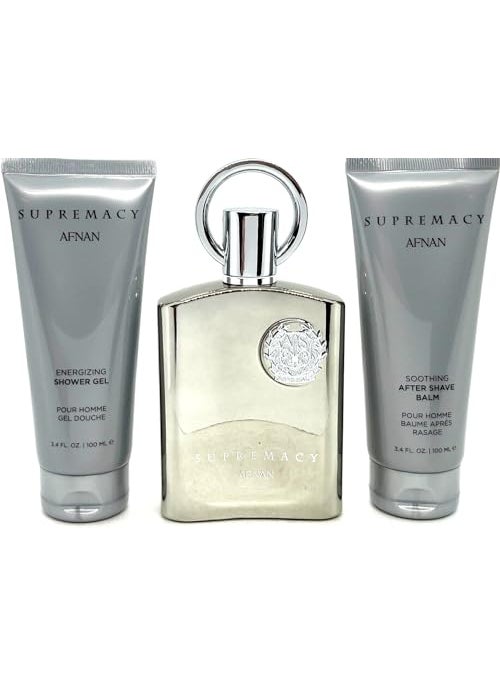 Afnan Supremacy Silver 3-Piece Set for Men, (3.4 Oz Eau De Parfum Spray + Body Lotion + Shower Gel)