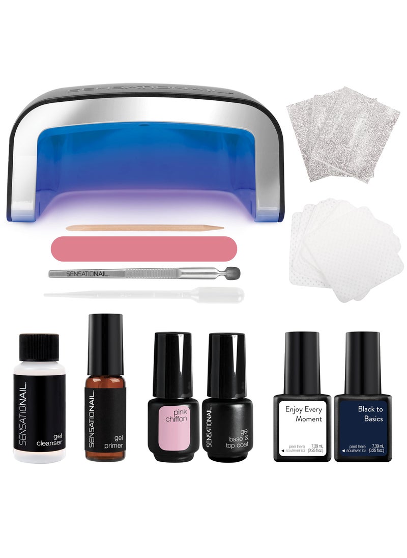 Sensationail Complete Gel Nail Polish Starter Kit - Long-Lasting Salon Grade Manicure Kit with UV Lamp - Includes Primer, Base & Top Coat, Cleanser, & More - Includes White, Black, & Pink Gel Polish