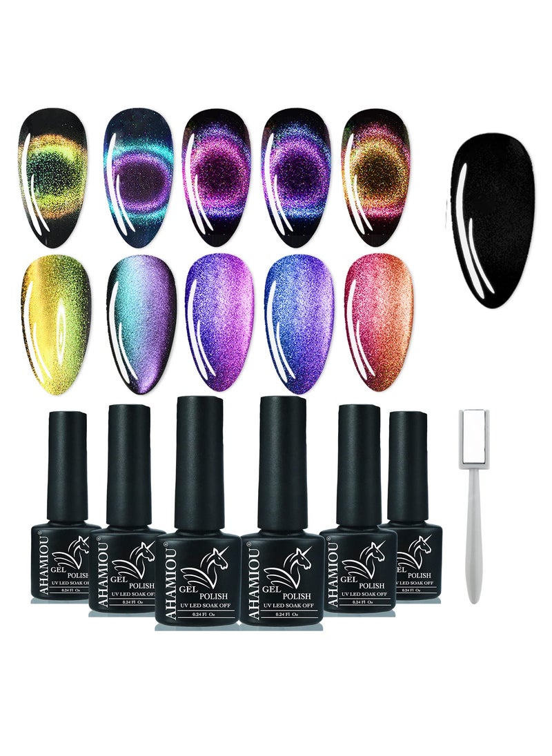 AHAMIOU 9D Cat Eye Gel Nail Polish Magnetic Nail Polish Holographic Cats Eyes Gel Nail Polish Gel with Chameleon Magic Effect with Magnet Stick (9D Cat Eye Set 1)