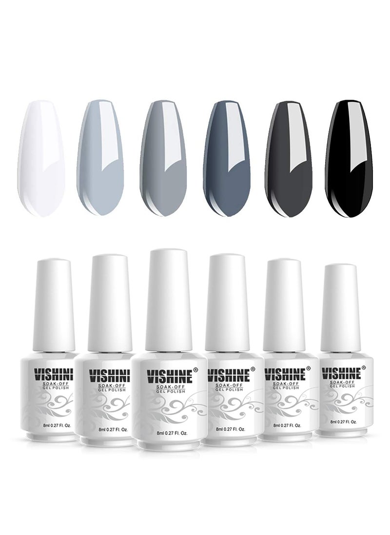 Vishine Gray Shades Collection Gel Nail Polish Set - 6 Colors Gel Polish Set Kit UV LED Soak Off Gel Polish 0.27 OZ 8ML