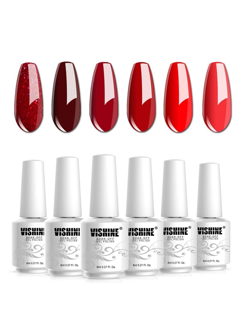 Vishine Glamour Red Gel Nail Polish Kit 8ML 6 Bottles Soak Off Nail Gel Polish Manicure Series UV LED Lamp Required Gift Box Nail Art