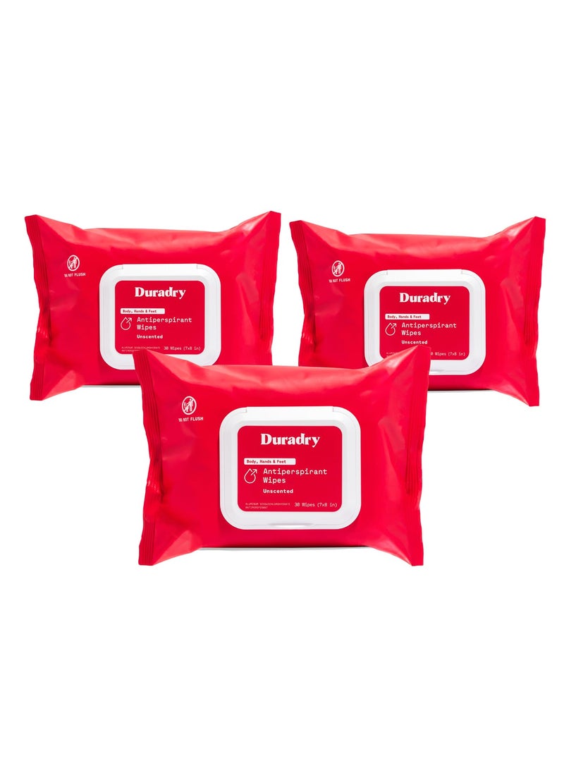Whole Body Antiperspirant Wipes - Anti-Sweat Wipes for Body, Hands and Feet, Neutralizes Odor and Excessive Sweating, Quick-Drying and Travel-Friendly - Unscented, Pack of 3