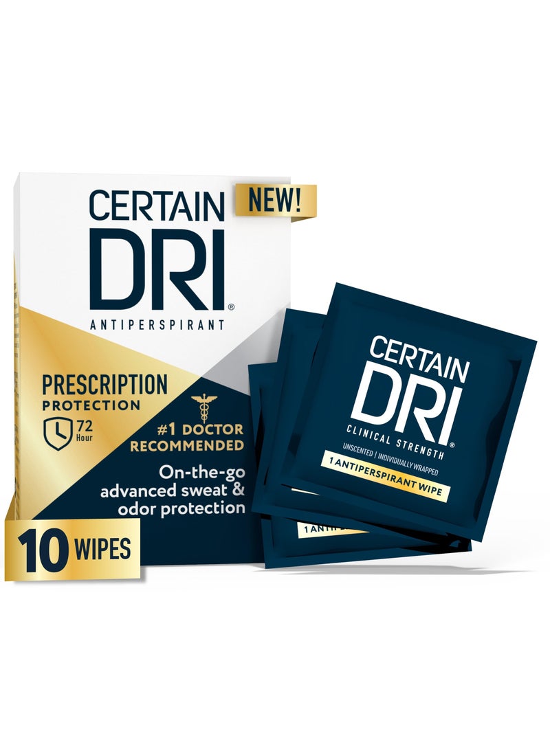 Certain Dri Antiperspirant Wipes for Excessive Sweating and Hyperhidrosis, Clinical Strength Protection Against Odor and Perspiration Lasting 72 Hours, Travel Friendly, Dermatologist Recommended, 10ct