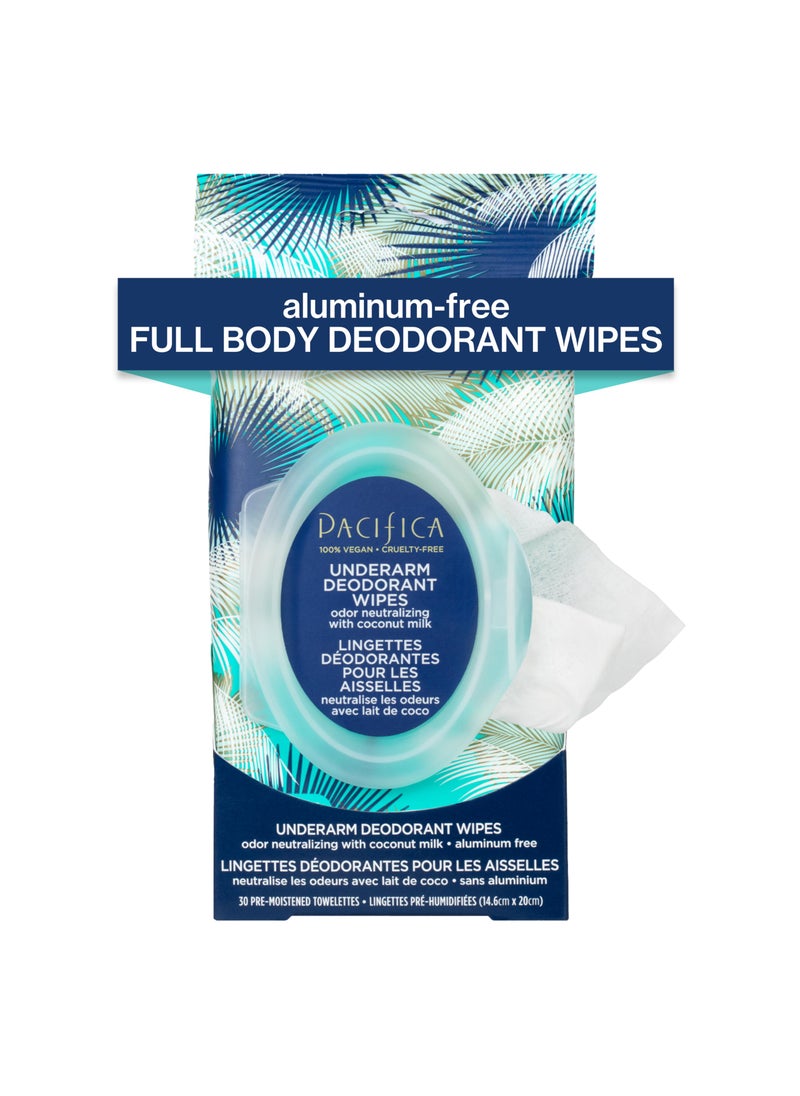Pacifica Deodorant Wipes - Coconut Milk Underarm & Full Body Deodorant Wipes - Removes Sweat & Oil - Aluminum-Free - Natural Feminine Odor Control Clean Vegan & Cruelty-Free Dermatologist Tested