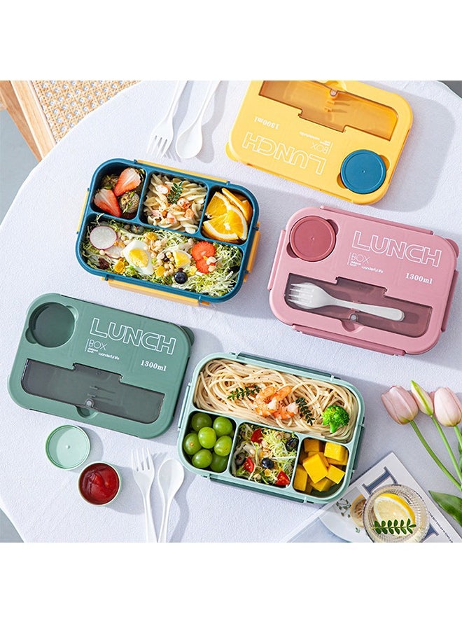 Kids Bento Lunch Box, Lunch Containers for School with 4 Compartments, Utensils and Sauce Container, 1300ml