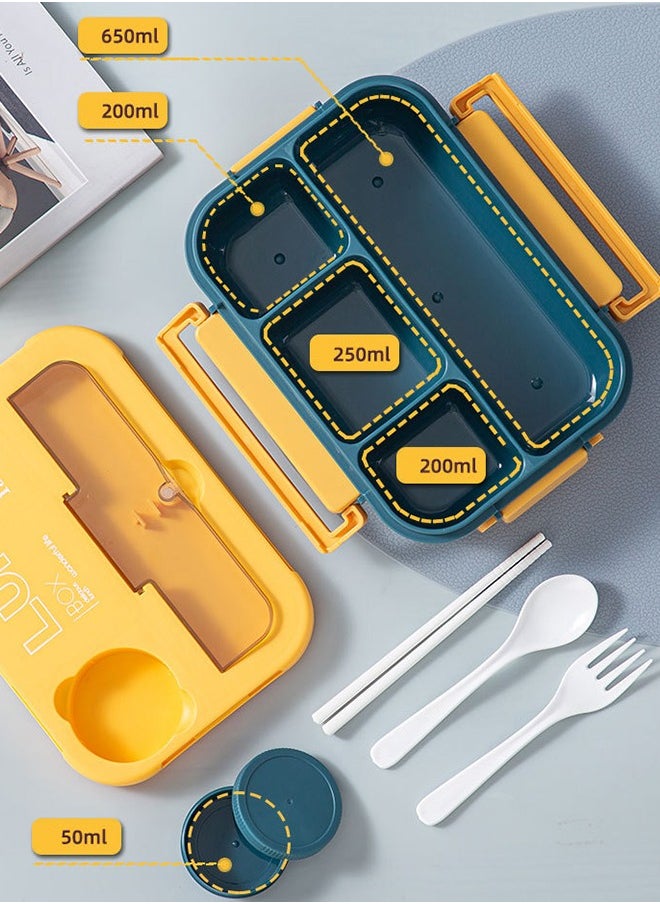 Kids Bento Lunch Box, Lunch Containers for School with 4 Compartments, Utensils and Sauce Container, 1300ml