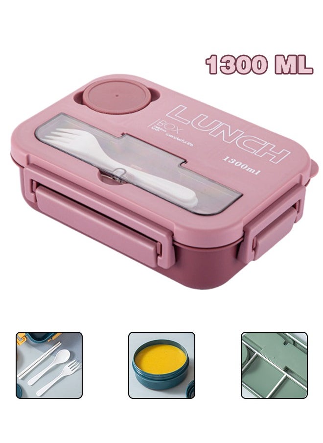 Kids Bento Lunch Box, Lunch Containers for School with 4 Compartments, Utensils and Sauce Container, 1300ml