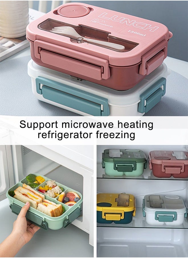 Kids Bento Lunch Box, Lunch Containers for School with 4 Compartments, Utensils and Sauce Container, 1300ml