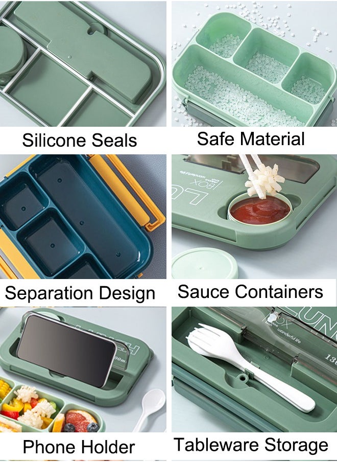 Kids Bento Lunch Box, Lunch Containers for School with 4 Compartments, Utensils and Sauce Container, 1300ml