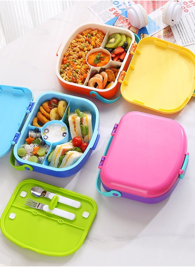 Kids Bento Lunch Box, Lunch Containers for School with 4 Compartments, Utensils, Sauce Container and Handle, 1300ml