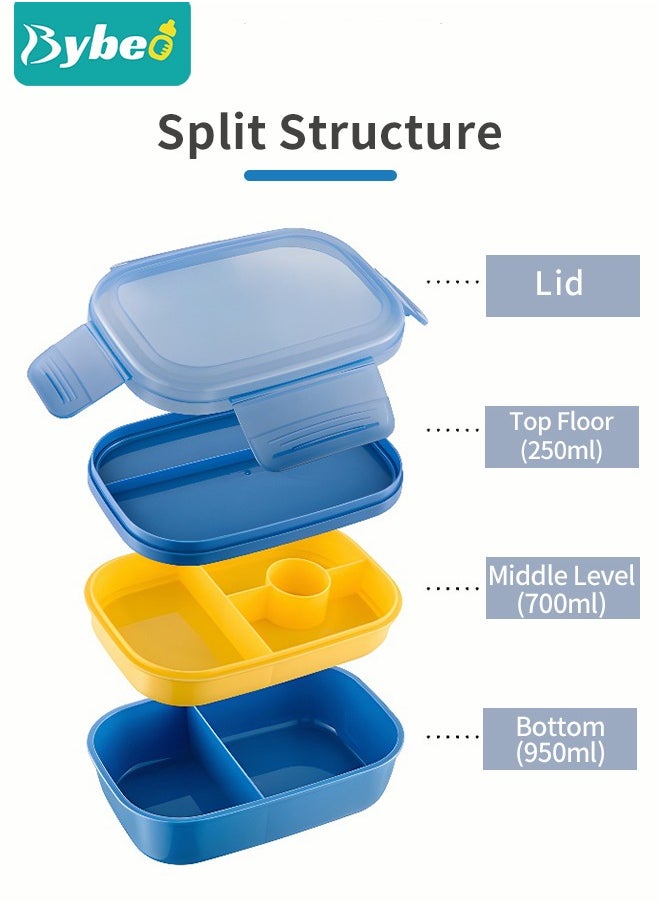 Adult Kids Lunch Box 3 layers All-in-One, Bento Boxes with Utensils Set Multiple Compartments Robust Snack Containers for School Office Travel, Microwave and Dishwasher Safe