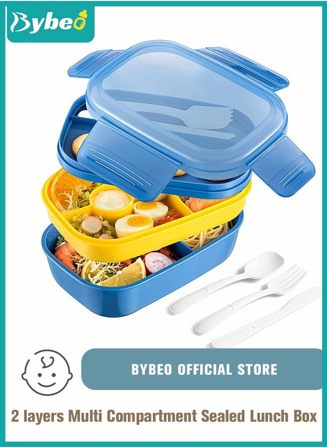 Adult Kids Lunch Box 3 layers All-in-One, Bento Boxes with Utensils Set Multiple Compartments Robust Snack Containers for School Office Travel, Microwave and Dishwasher Safe