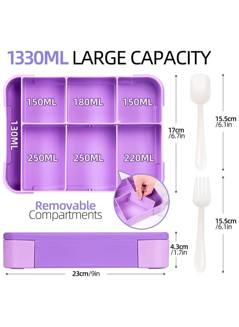 Bento Lunch Box for Kids, 1330ML Bento Box Adult Lunch Box with 6 Compartment, Leakproof Snack Boxes with Utensil Sauce Dressing Containers, Reusable On-the-Go Meal and Snack Packing(Purple)