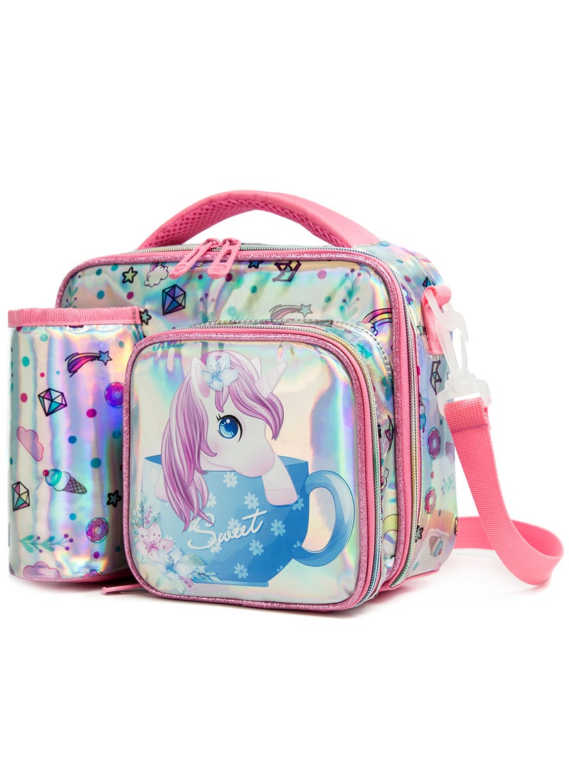 Bottle, Lunch Bag With Detachable, Adjustable Shoulder Strap - Unicorn Chrome - Pink