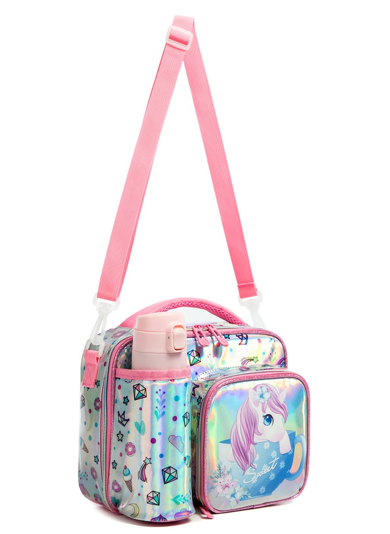 Bottle, Lunch Bag With Detachable, Adjustable Shoulder Strap - Unicorn Chrome - Pink