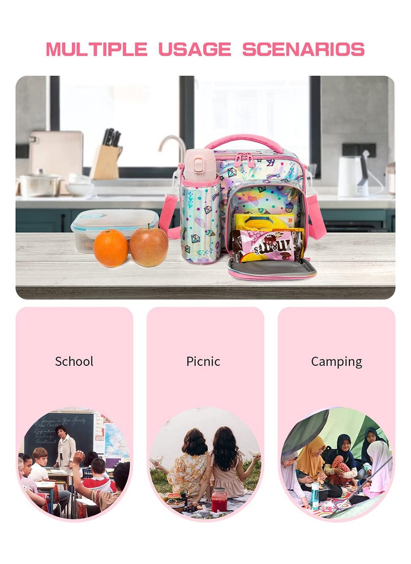 Bottle, Lunch Bag With Detachable, Adjustable Shoulder Strap - Unicorn Chrome - Pink