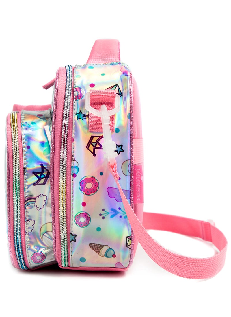 Bottle, Lunch Bag With Detachable, Adjustable Shoulder Strap - Unicorn Chrome - Pink