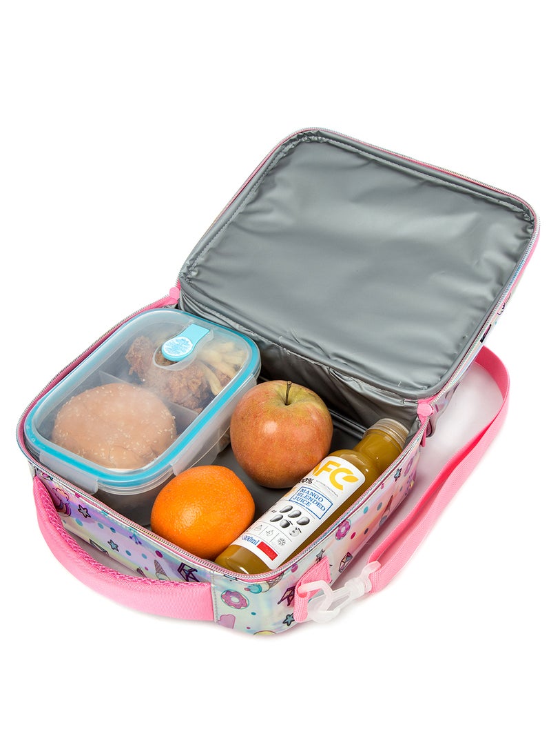 Bottle, Lunch Bag With Detachable, Adjustable Shoulder Strap - Unicorn Chrome - Pink