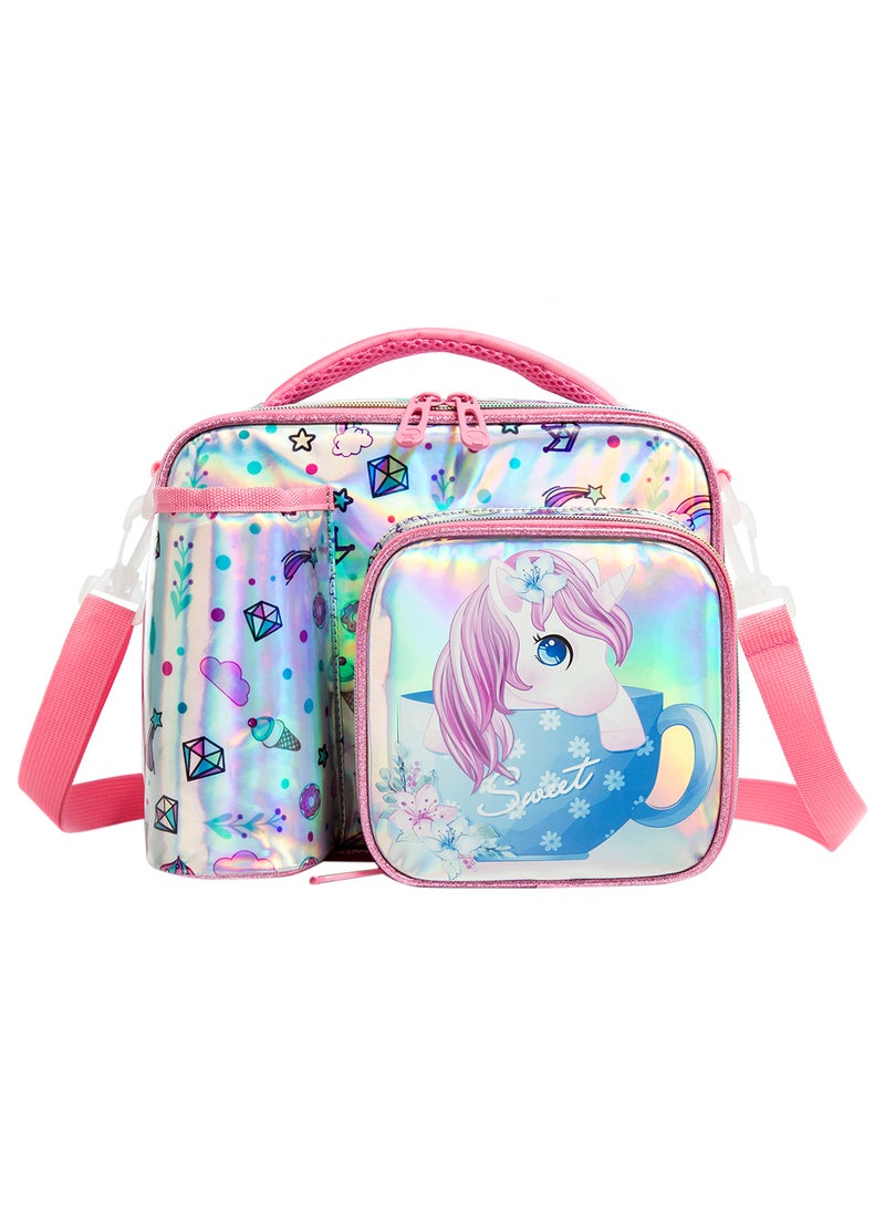 Bottle, Lunch Bag With Detachable, Adjustable Shoulder Strap - Unicorn Chrome - Pink