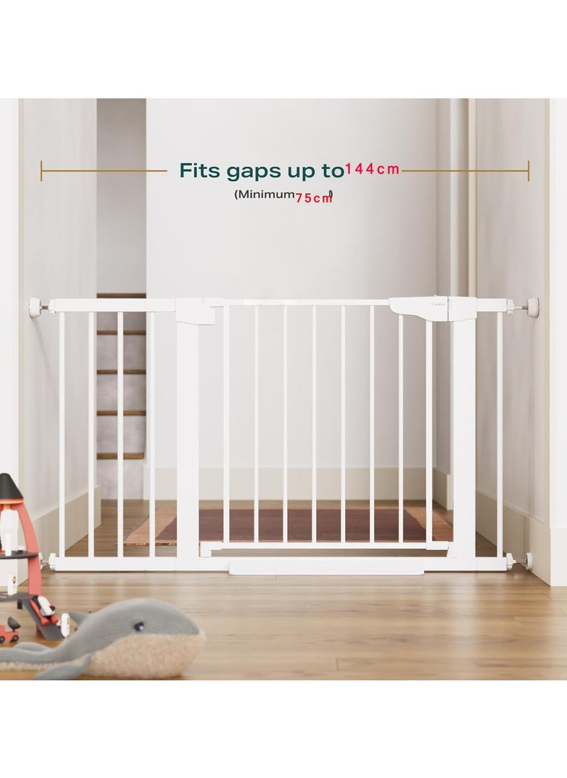 Baby Gate, Safety Baby Gate for Stairs, 75~144 cm Extra Wide Child Gate, Wide Walk Thru Baby Gate, Toddler Safety Fence, Auto Close Dog Gate for Doorways, Pet Gates for Dogs, Including 10cm, 20cm, 30cm Extension Rack