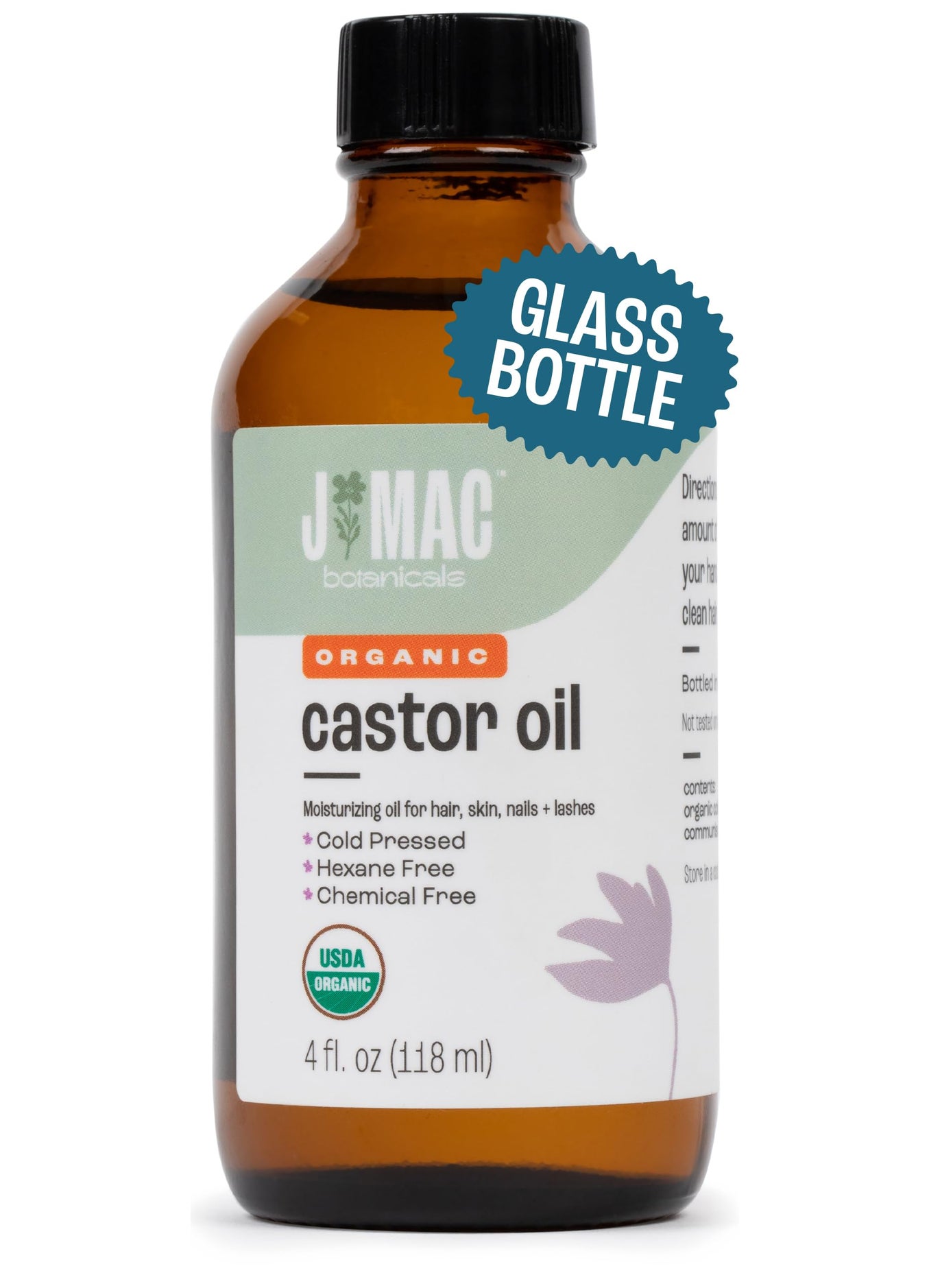 J MAC BOTANICALS Organic Castor Oil Cold Pressed (Glass Bottle, 4 oz, NO DROPPER), pure hexane free castor oil for face, skin, eyelashes