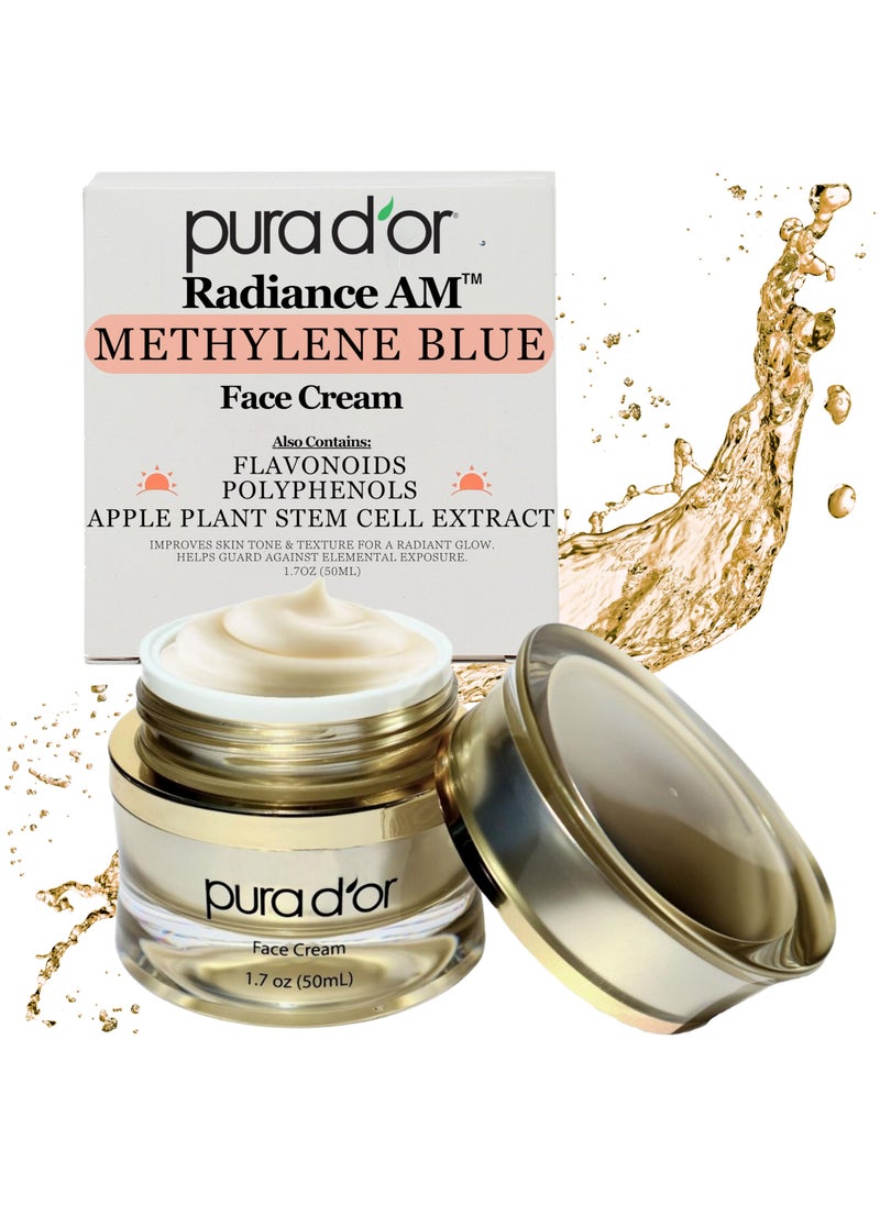 PURA D'OR 1.7 Oz Radiant Glow AM Face Cream - Methylene Blue, Polyphenols, Flavonoids, Apple Stem Cell Extract - Aloe Vera Base Anti-Aging Morning Moisturizer - Daily Facial Treatment For Women & Men