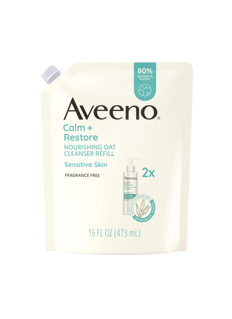 Aveeno Calm + Restore Nourishing Oat Facial Cleanser for Sensitive Skin, Gentle Face Wash with Nourishing Oat & Calming Feverfew, Hypoallergenic, Fragrance-Free, Refill Pouch, 16 fl. oz