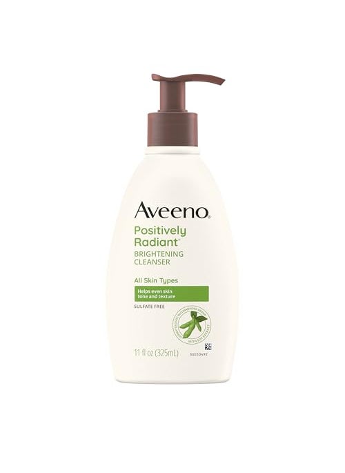Aveeno Positively Radiant Brightening Facial Cleanser for Sensitive Skin, Targets Dull Skin, Moisture Rich Soy Extract, Non-Comedogenic, Oil- & Soap-Free, Hypoallergenic, 11 Fl. Oz