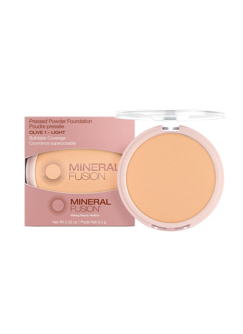 Mineral Fusion Pressed Powder Foundation, Olive 1 - Light Skin w/Greenish Undertones, Age Defying Foundation Makeup with Matte Finish, Talc Free Face Powder, Hypoallergenic, Cruelty-Free, 0.32 Oz.