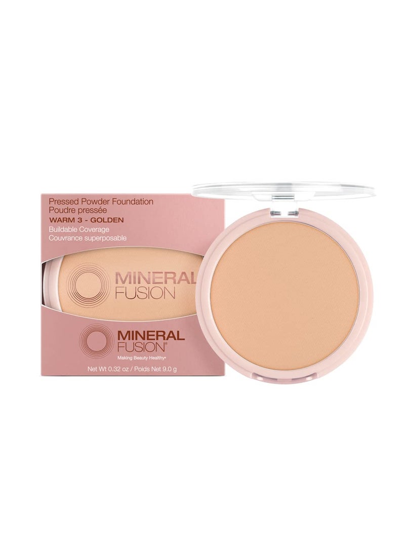 Mineral Fusion Pressed Powder Foundation, Warm 3 - Med/Tan Skin w/Yellowish Undertones, Age Defying Foundation Makeup with Matte Finish, Talc Free Face Powder, Hypoallergenic, Cruelty-Free, 0.32 Oz