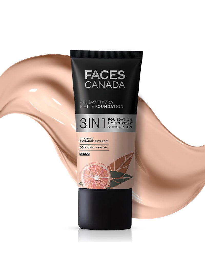 FACESCANADA All Day Hydra Matte Foundation With SPF 30 - Rose Ivory | 3-in-1 Foundation Moisturizer Sunscreen | Oil Free With Vitamin C | 0.85 Fl Oz/25ml