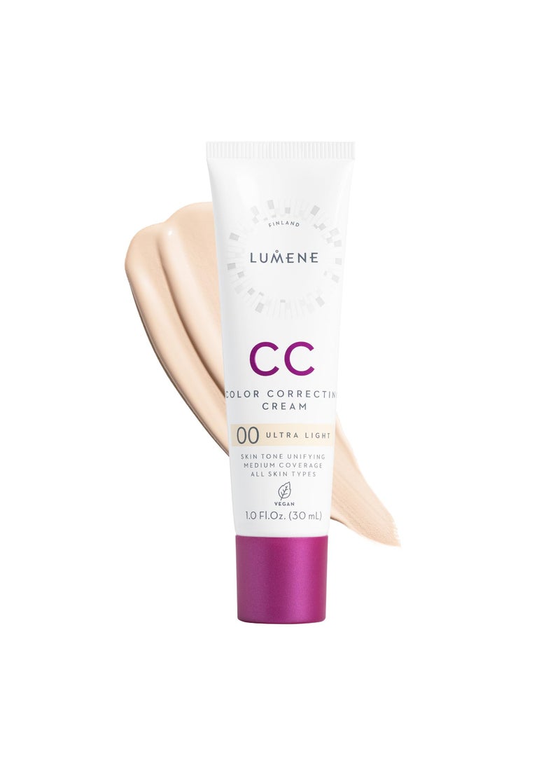 Lumene Color Correcting CC Cream - Lightweight Foundation - Medium Coverage - Redness Reducing Face Makeup for Glowing Complexion - Vegan Formula + Suitable for All Skin Types - Ultra Light (1 fl oz)