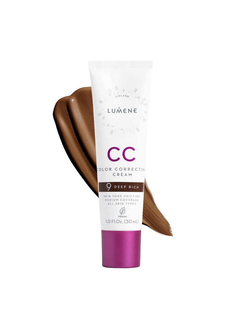 Lumene Color Correcting CC Cream - Lightweight Foundation - Medium Coverage - Redness Reducing Face Makeup for Glowing Complexion - Vegan Formula + Suitable for All Skin Types - Deep Rich (1 fl oz)