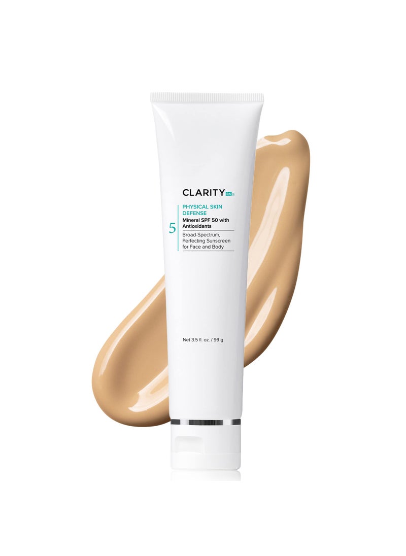 ClarityRx Physical Skin Defense Tinted Mineral SPF 50 Moisturizing Sunscreen, Natural Plant-Based Water-Resistant UV Protection with Zinc & Hyaluronic Acid for Face & Body (3.5 oz)