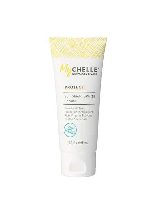 MyCHELLE Dermaceuticals Sun Shield SPF 28 Coconut (2.3 Fl Oz) - Soothing Reef Safe Sunscreen with Vitamin E and Aloe - Travel Size Zinc Sunscreen for Face and Body