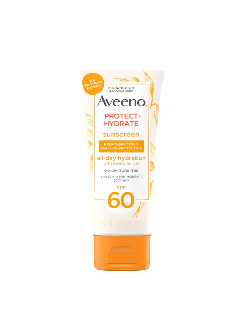 Aveeno Protect + Hydrate Moisturizing Body Sunscreen Lotion with Broad Spectrum SPF 60 & Prebiotic Oat, Weightless & Refreshing Feel, Paraben-Free, Oil-Free, Oxybenzone-Free, 3.0 fl. oz