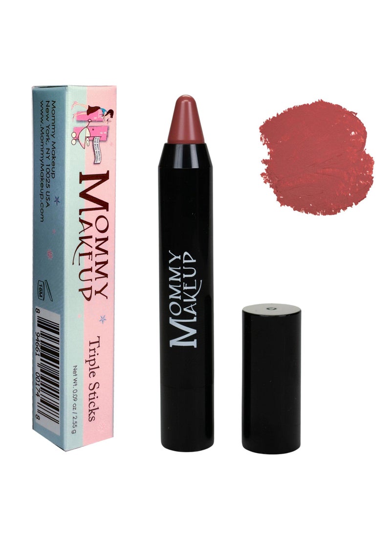 Mommy Makeup Triple Sticks Lipstick, Cream Blush & Teatment All-In-One with Shea & Cocoa Butter - Soft & Creamy Moisturizing Lip Crayon For Lips & Cheeks (Tess)