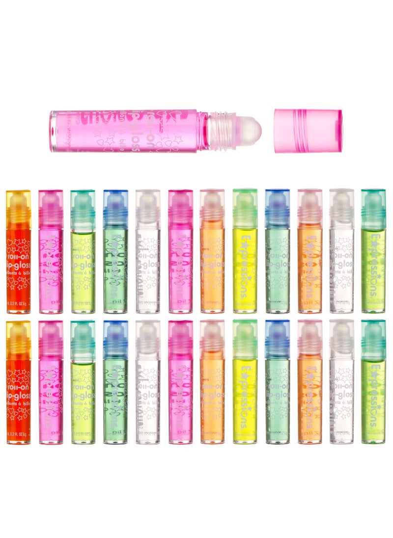 Expressions girl 24pc Roll On Lip Gloss Set with Carrying Case, Glossy Lip Make-up for Kids and Teens - Fruity Flavors, Non Toxic, Kid Friendly, Party Gift, Best Friends