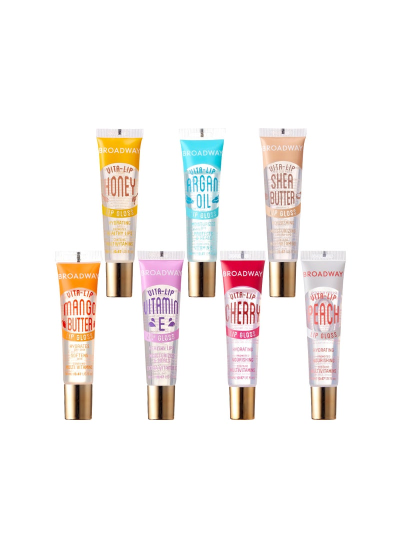 Ruby Kisses Broadway Vita-Lip Clear Lip Gloss (7 Pack) Ultra-Hydrating & Soothing Formula with Vitamin Oils, High-Shine Non-Sticky Finish Lip Balm with Honey, Argan Oil, Shea, Mango Butter, Cherry, Peach